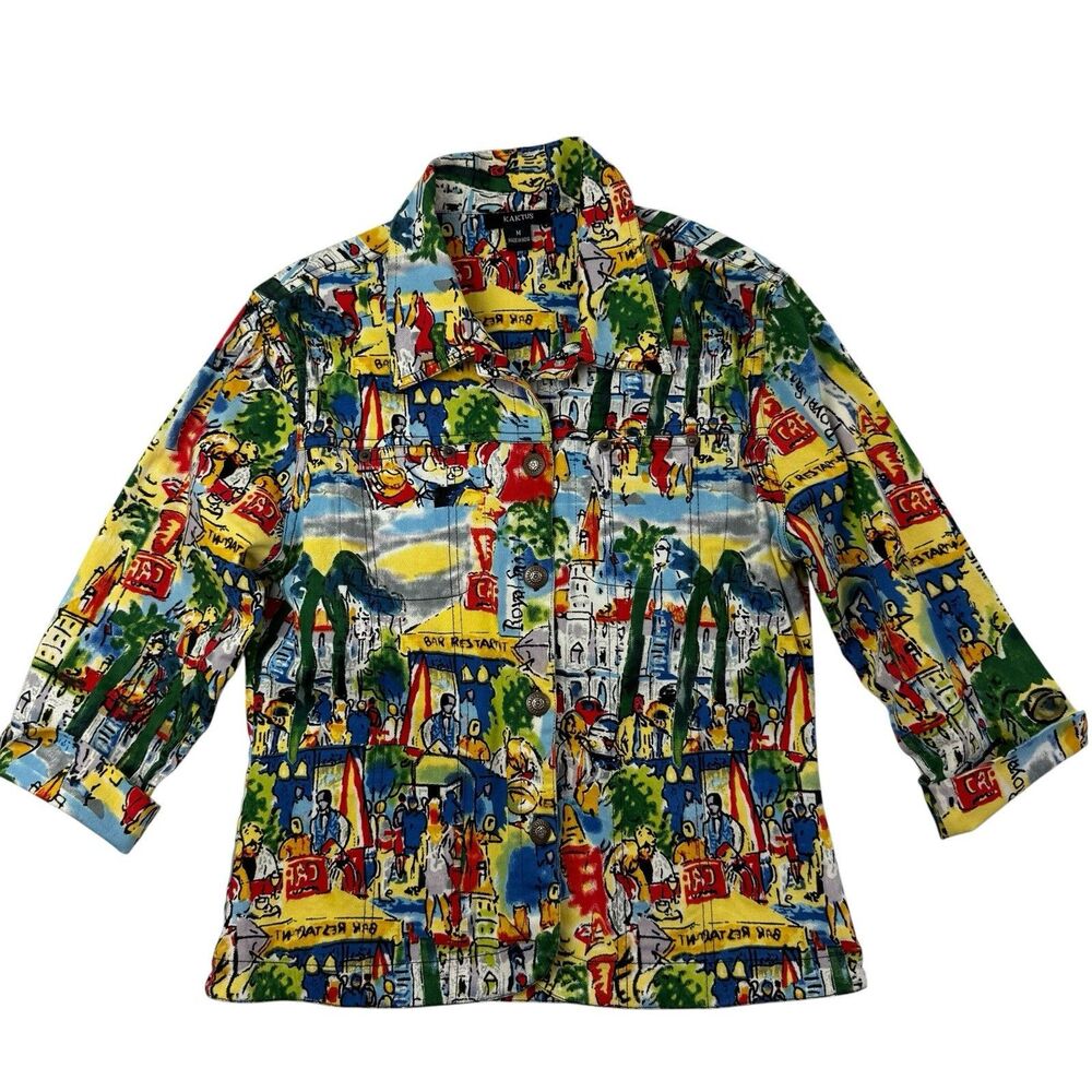 KAKTUS Cafe Print Denim Jacket Women Medium Abstract Art to Wear 3/4 Sleeve